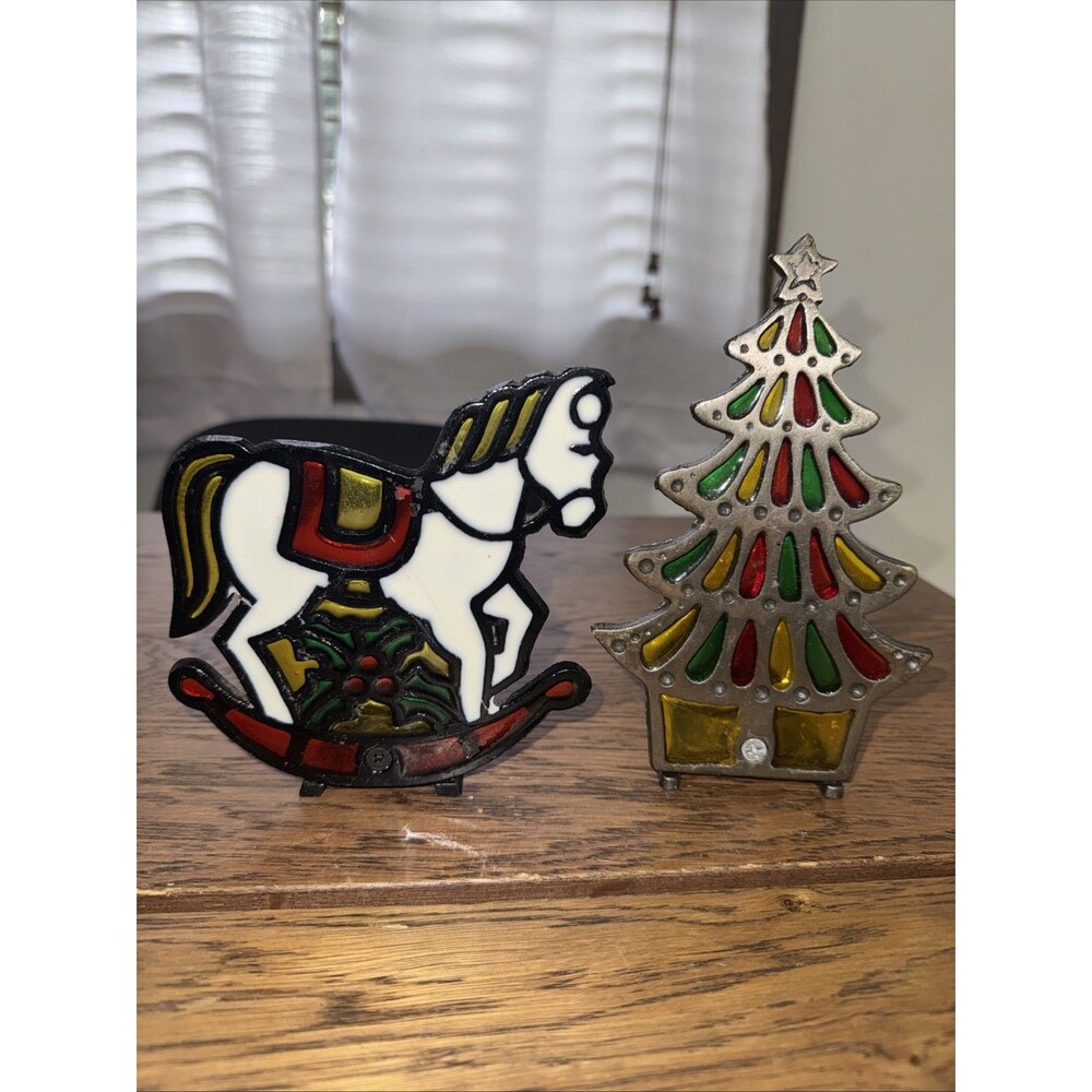 6” Vintage Retro Christmas Stained Glass Candle Holder - Rocking Horse, Tree